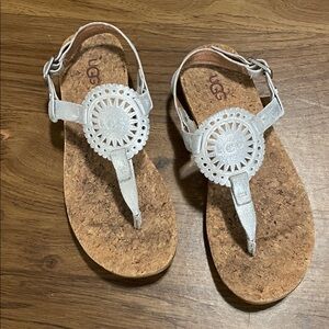 UGG sandals, 7, silver leather, cork cushion bottom, great condition